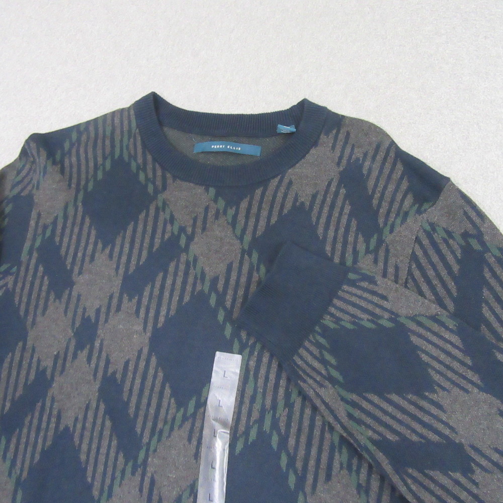 Perry Ellis Mens Pullover Sweater L Blue Gray Agryle Long Sleeve NEW